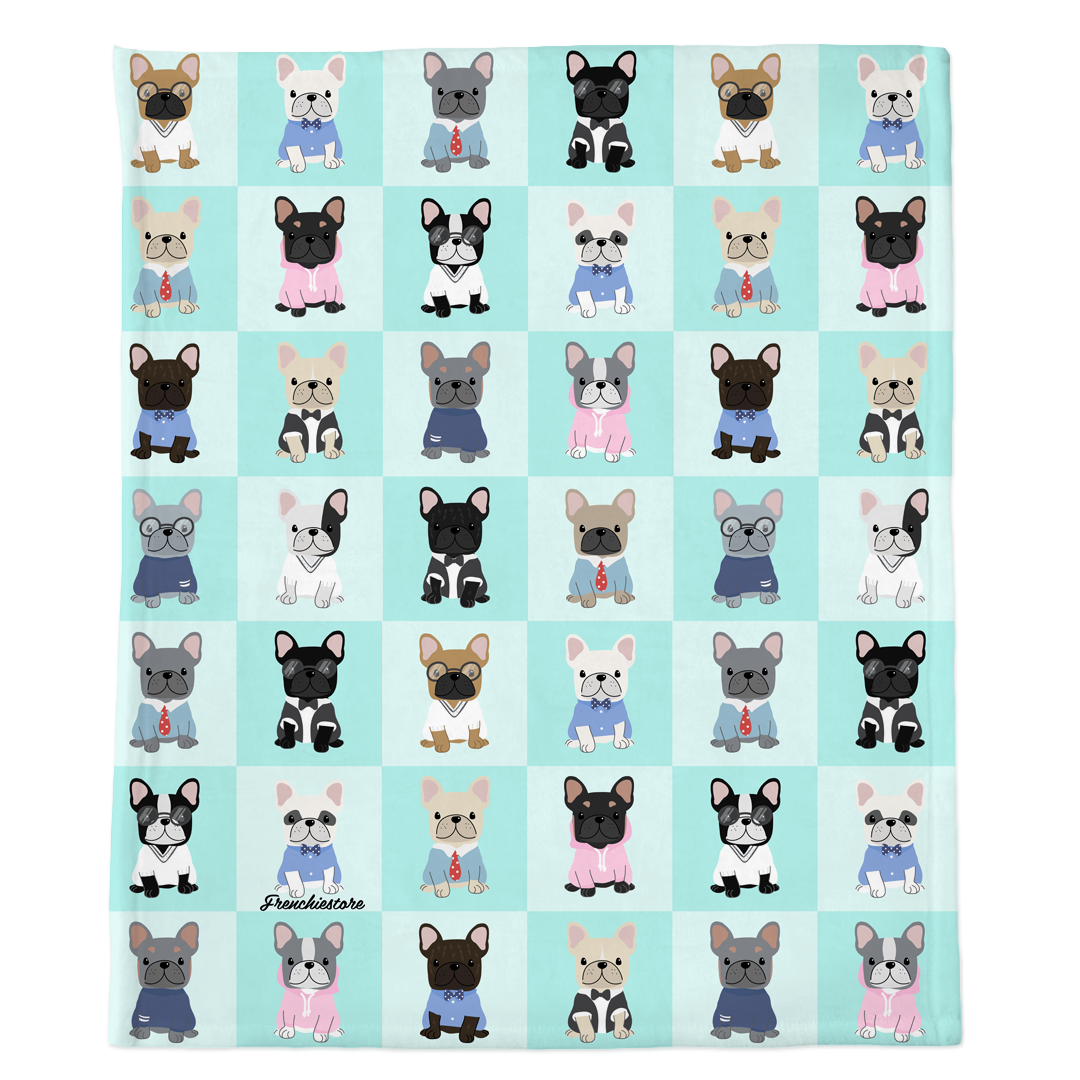 Frenchie Blanket | Preppy French Bulldogs on Aqua, Frenchie Dog, French Bulldog pet products